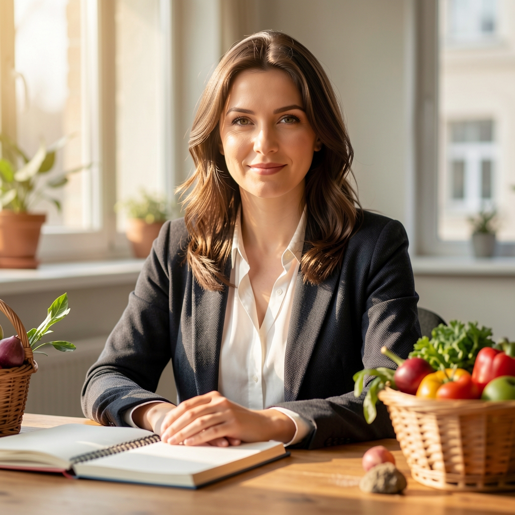 Portrait of a nutrition consultant seated at a wooden desk with notebooks, a seasonal produce basket and afternoon light streaming through a Bucharest studio window
