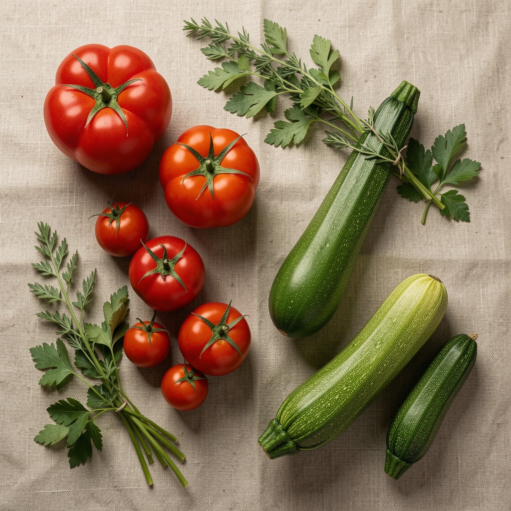 A flat-lay of seasonal Romanian vegetables — tomatoes, peppers, courgettes and herbs arranged on a linen surface in studio lighting