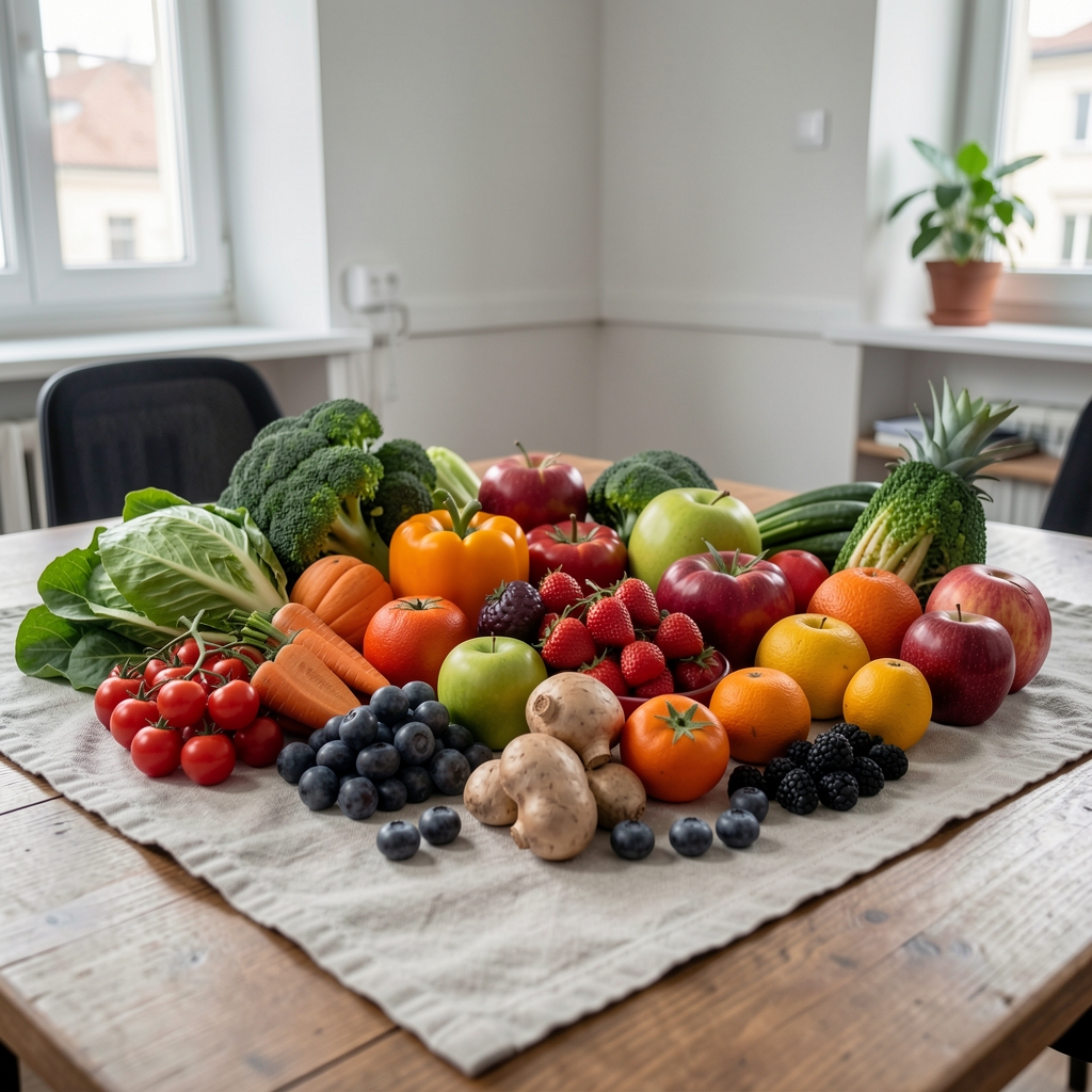 A seasonal produce spread — colourful vegetables and fruits arranged on a linen cloth in a Bucharest consultation studio