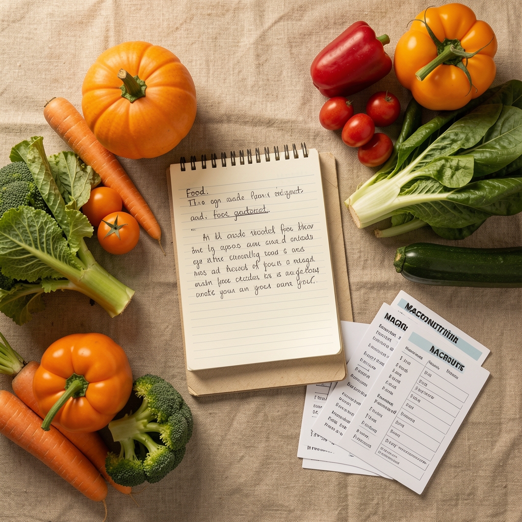 Overhead view of a nutritionist consultation table with seasonal vegetables, a handwritten food diary, and macronutrient reference cards spread across a warm linen surface