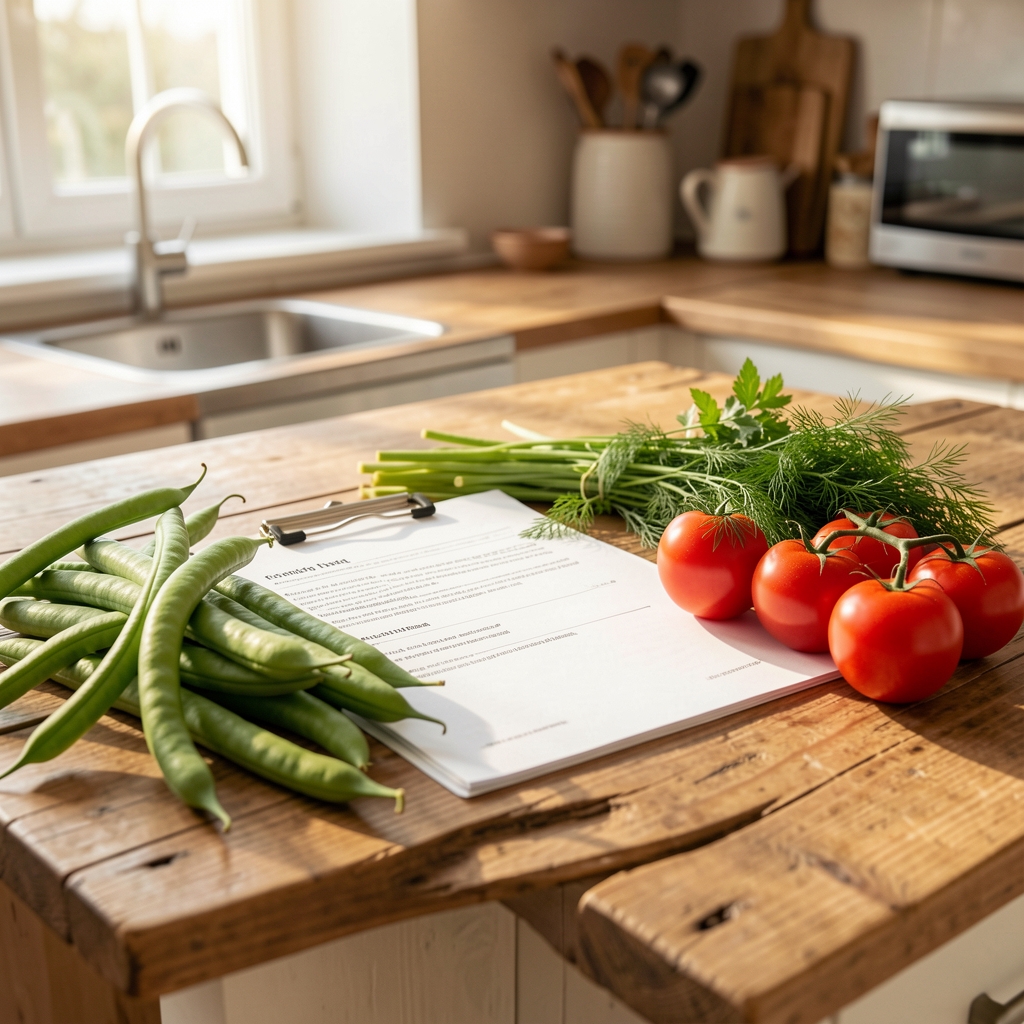 A seasonal eating plan document alongside fresh Romanian produce — green beans, tomatoes and dill on a wooden kitchen counter in warm morning light