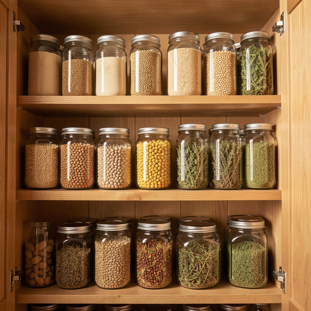 Inside view of an organised kitchen pantry with glass jars of grains, legumes and dried herbs neatly arranged on wooden shelves under warm light
